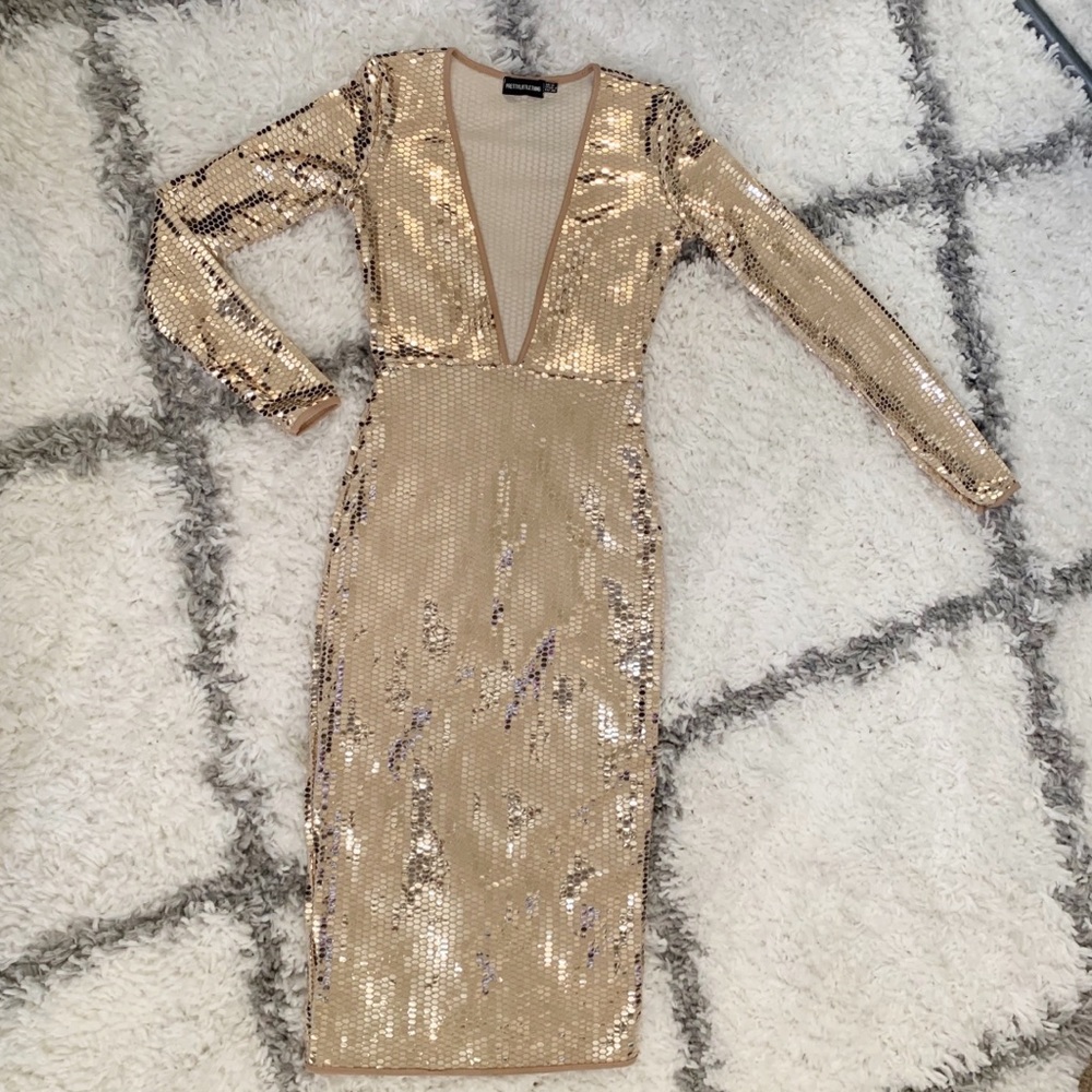 Sexy Deep Plunge Gold Sequin Dress